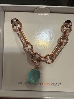 Rose Gold Link Necklace with Aqua Oval Pendant